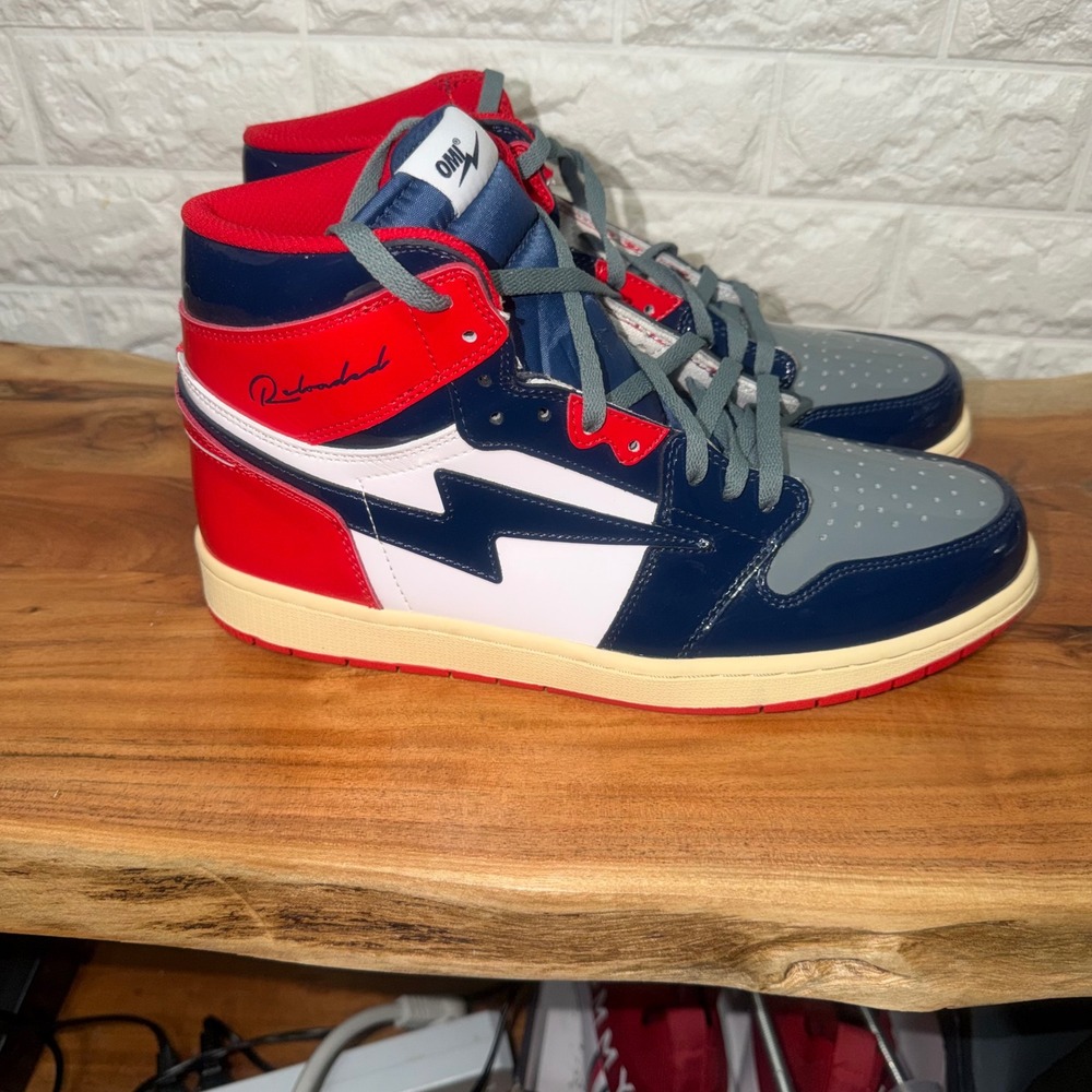 OMI Reloaded Patent Leather High Top Sneakers Navy Red Grey Mens Size 13 - Picture 2 of 9